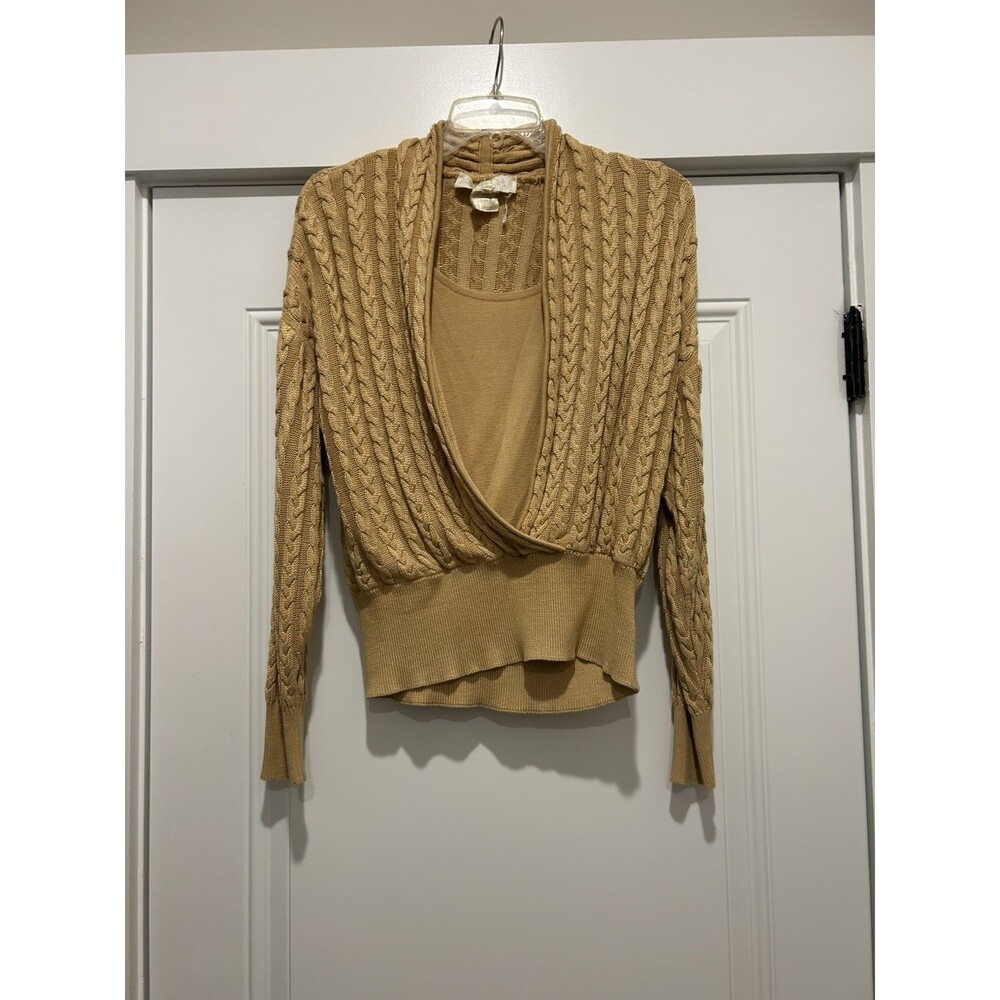 Vintage Escada Faux Wrap Gold Cable Knit Sweater City Designer Classic Sz Medium